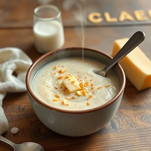 A bowl of steaming mielie-meal porridge with milk and butter on a wooden table
