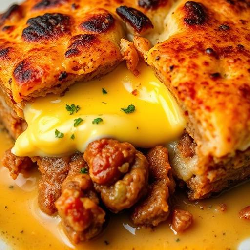 A close-up shot of Bobotie, a spiced minced meat dish topped with an egg custard.