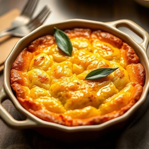 A close-up shot of bobotie with a golden crust and bay leaves, served in a traditional ceramic dish