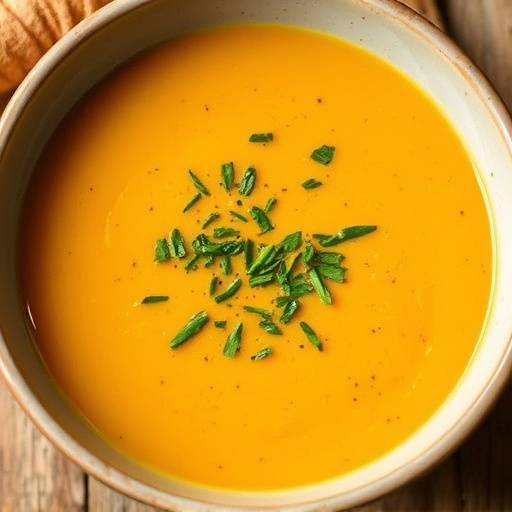 A creamy bowl of butternut soup garnished with fresh herbs