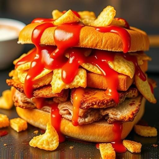 A Gatsby sandwich, piled high with chips, polony, and sauces.