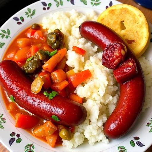 A plate of colourful chakalaka with pap and grilled boerewors sausage