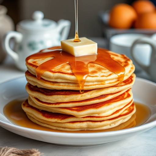 A stack of fluffy flapjacks topped with butter and syrup on a breakfast table