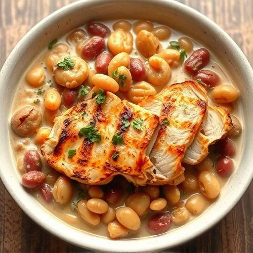A steaming plate of creamy samp and beans with a side of grilled chicken