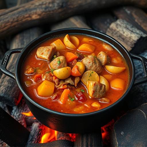A steaming pot of hearty Potjiekos, a traditional South African stew cooked in a cast-iron pot over an open fire.