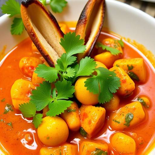 A vibrant bunny chow, a hollowed-out loaf of bread filled with spicy Durban curry, garnished with fresh cilantro