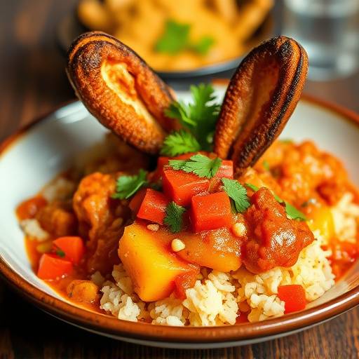 A vibrant plate of Bunny Chow, a hollowed-out loaf of bread filled with spicy curry, a Durban specialty.