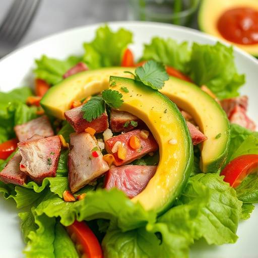 A vibrant salad with mixed greens, biltong shavings, avocado, and a light vinaigrette
