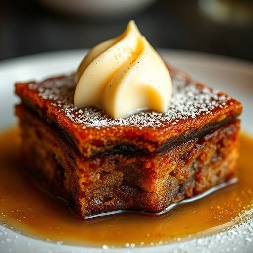 Close-up of Malva Pudding, a spongy caramelized dessert