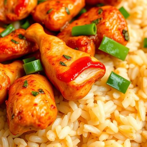 Close up of spicy chicken sosaties on a plate with a side of rice