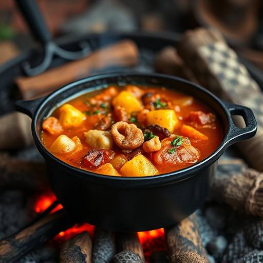 Hearty Potjiekos, a traditional stew cooked in a three-legged pot over an open fire