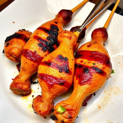 Walkie Talkies, grilled chicken feet and heads, served on a plate.